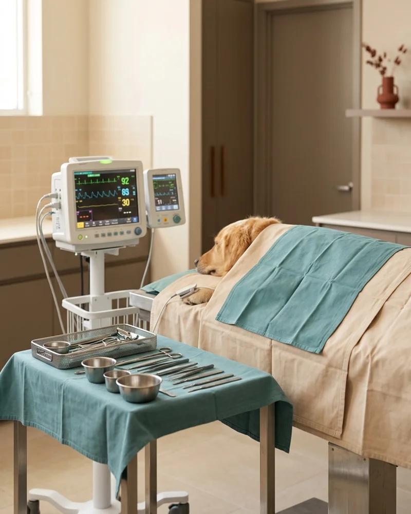 Sterile surgical instrument tray and multi-parameter anesthetic monitor beside a draped canine patient at a Wilmington DE veterinary practice