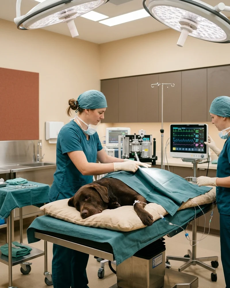 Surgical team in scrubs preparing a sleeping labrador for surgery beside a multi-parameter vital sign monitor