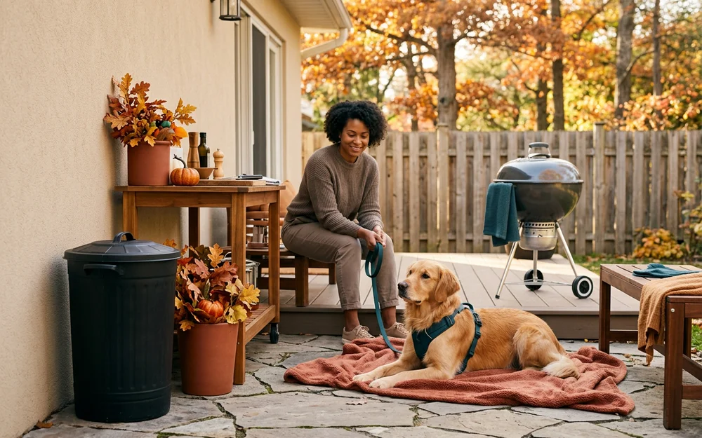 Tidy backyard cookout area with a lidded bin and a dog safely on a lead