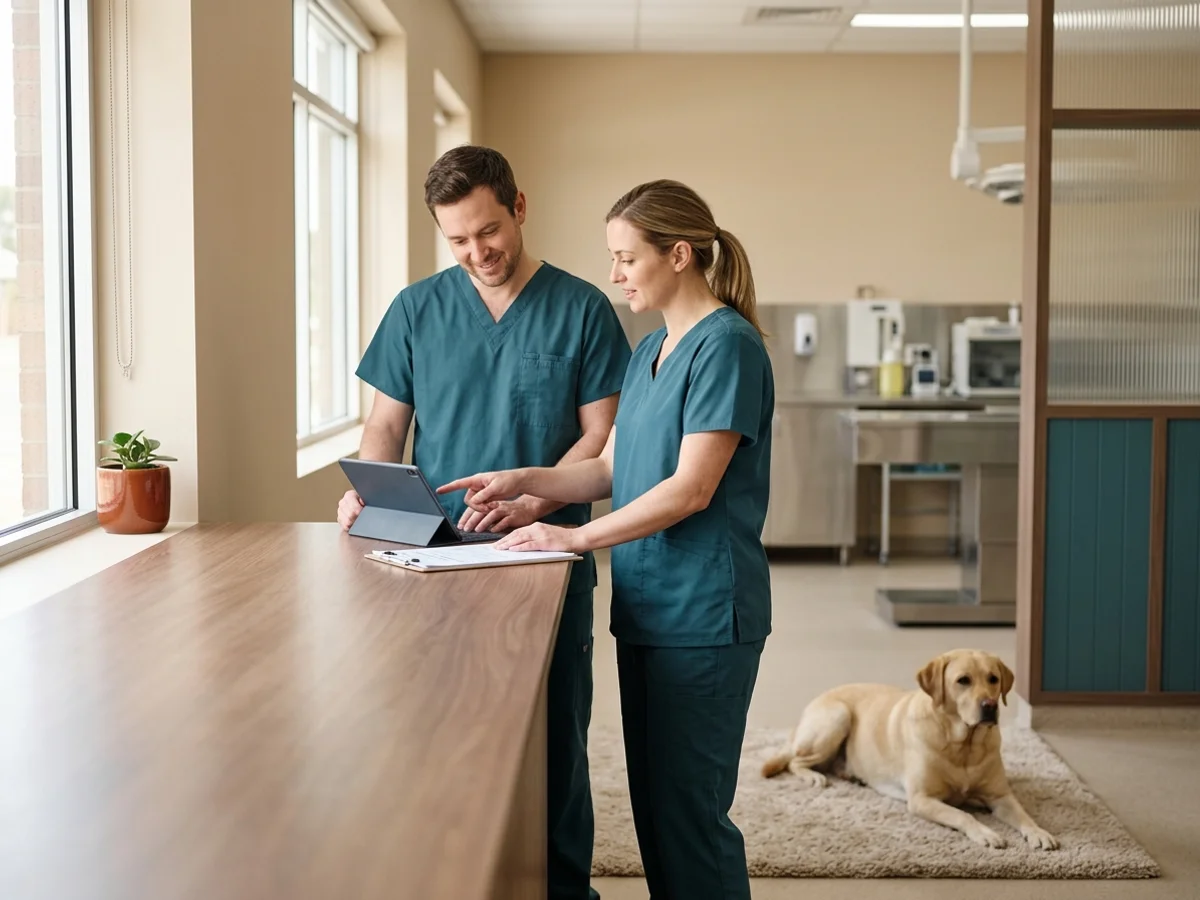 Two veterinary surgeons in scrubs reviewing a surgical plan together with a calm labrador nearby