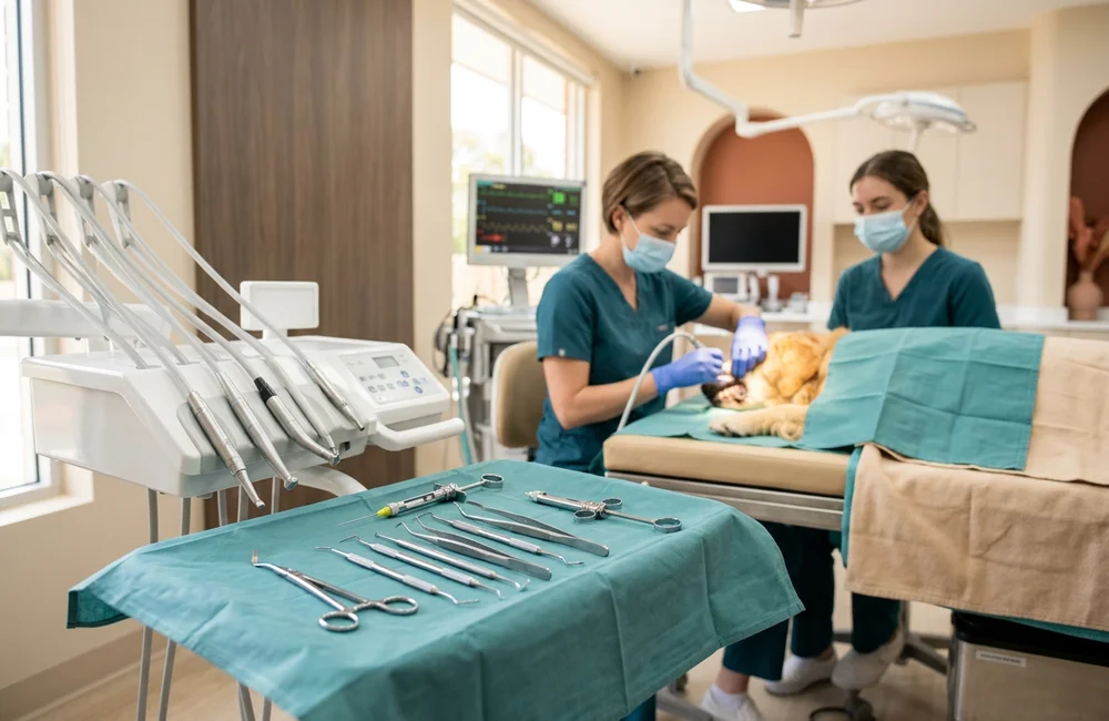 Veterinary dental instruments and nerve block syringe on a sterile tray beside a dental unit