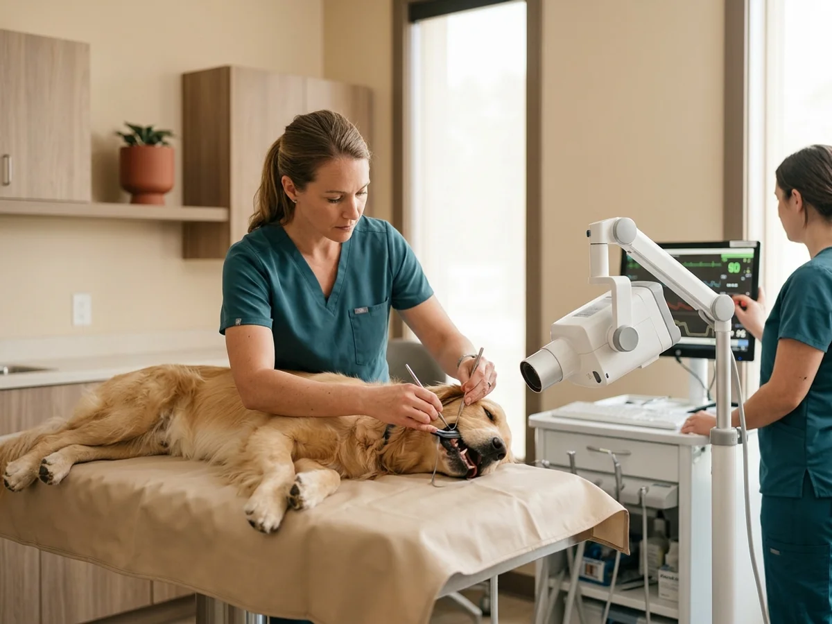Veterinary dental surgeon performing a canine dental procedure with intraoral radiography equipment