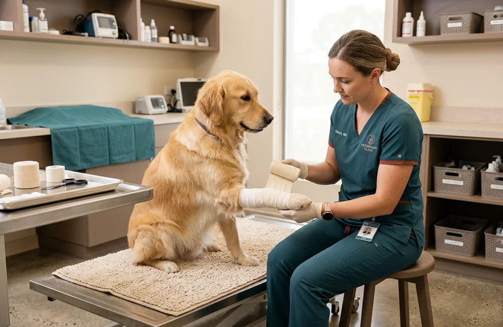 Veterinary nurse applying a supportive padded bandage to the leg of a calm dog