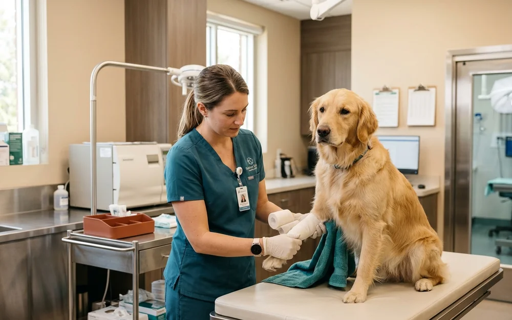 Veterinary nurse applying a supportive padded bandage to a dog lower leg