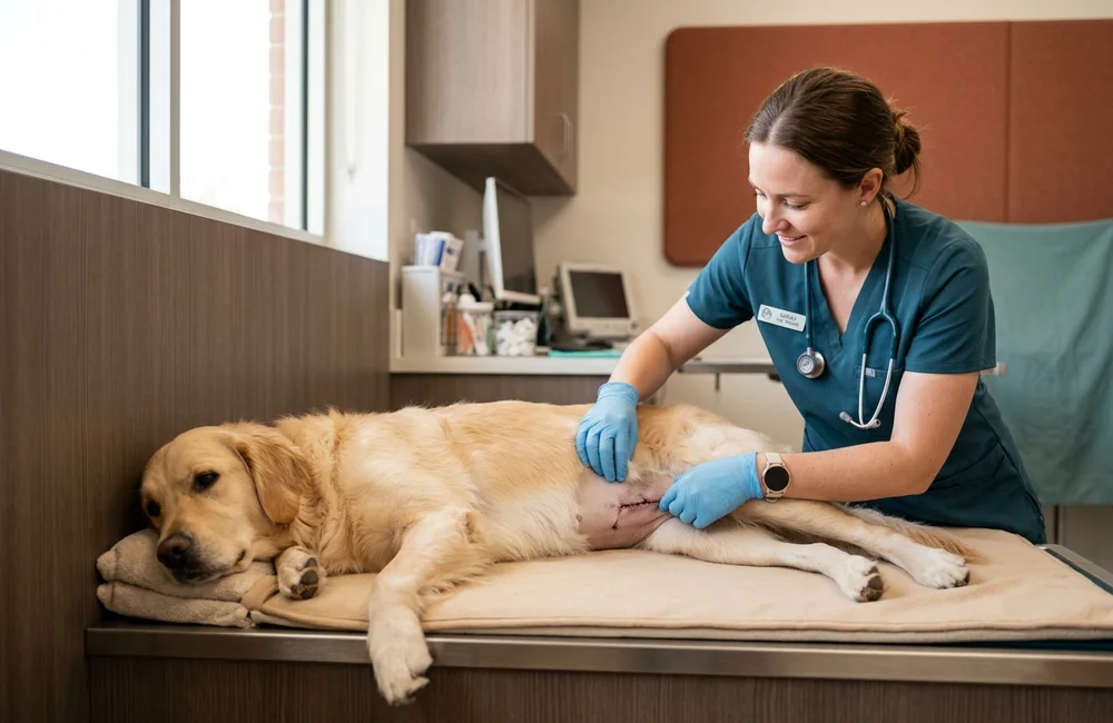 Veterinary nurse checking a healing surgical incision on a relaxed retriever at a follow-up visit