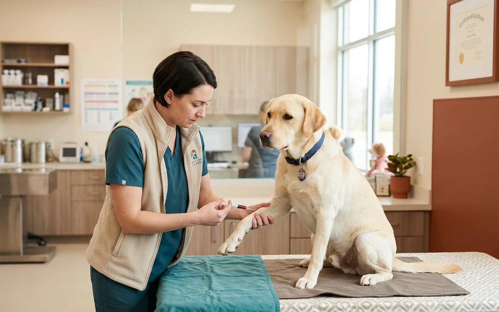 Veterinary nurse drawing a pre-anesthetic blood sample from a calm labrador