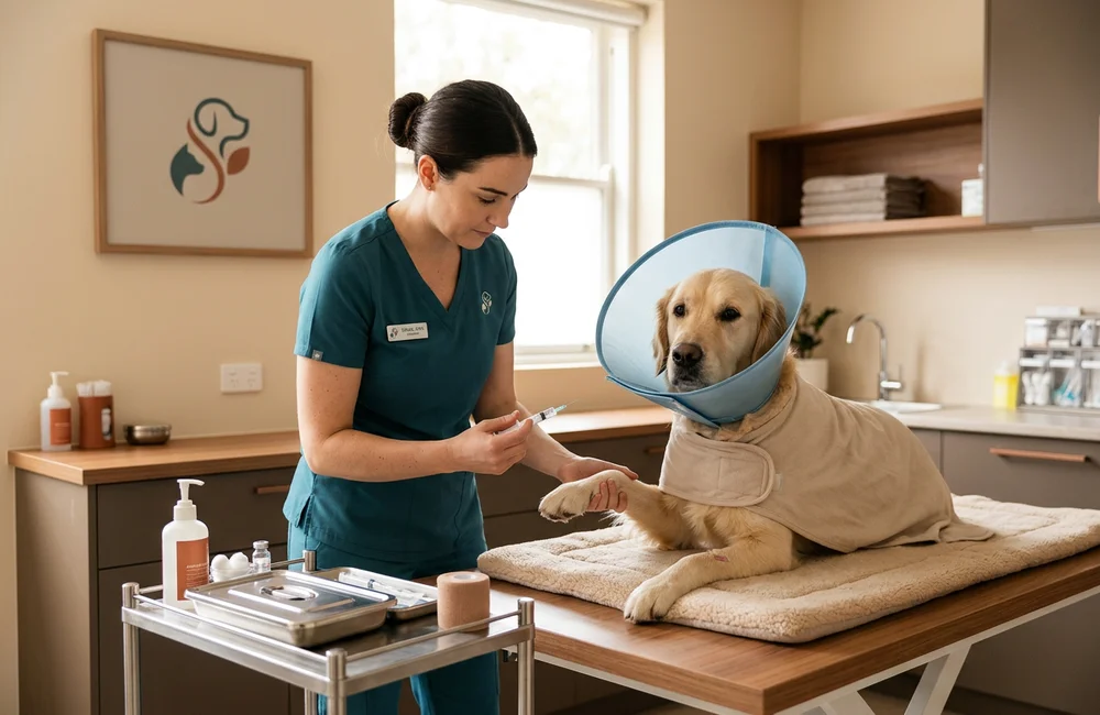 Veterinary nurse drawing a small blood sample from a recovering dog for post-operative monitoring
