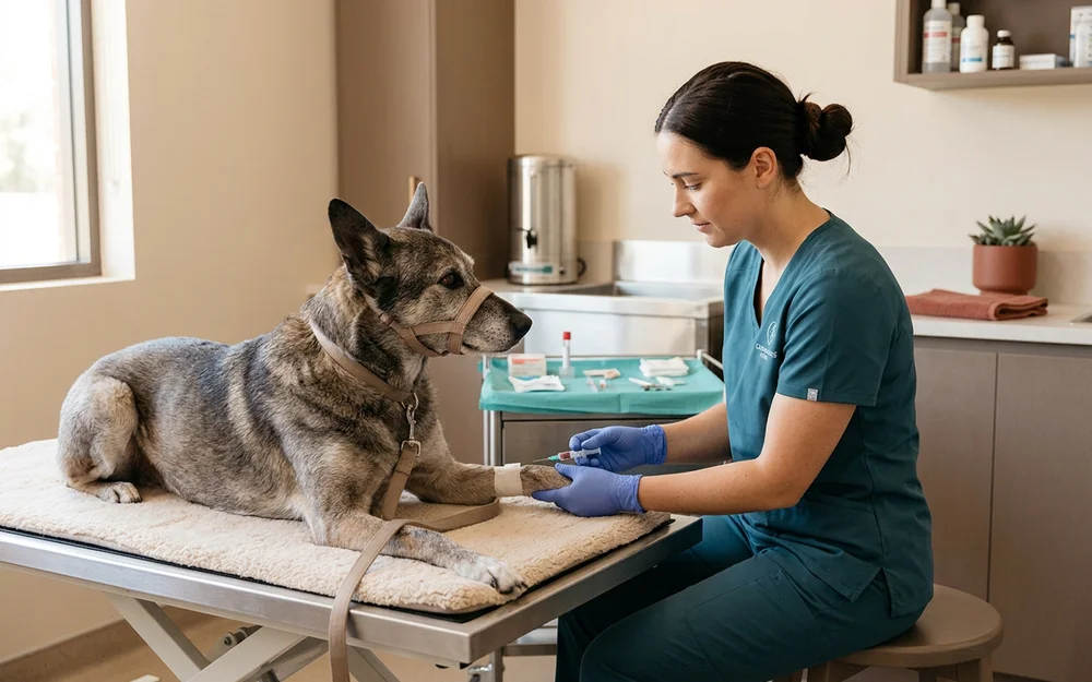 Veterinary nurse drawing a blood sample from a calm older shepherd for screening