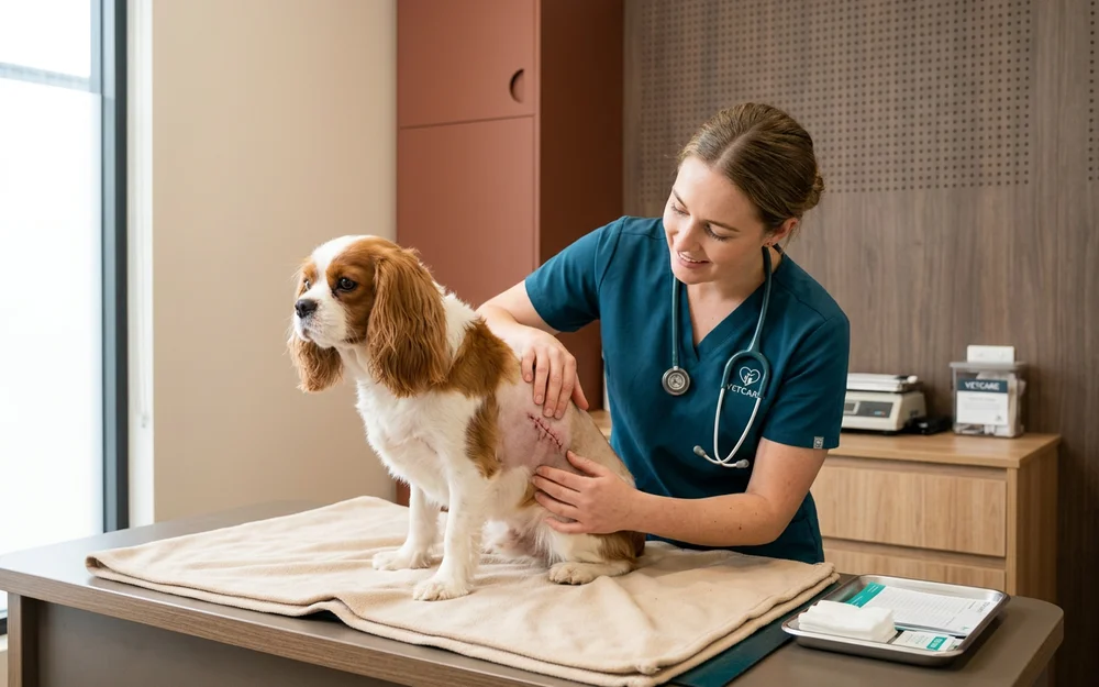 Veterinary nurse checking a healing surgical incision on a relaxed spaniel at a follow-up appointment
