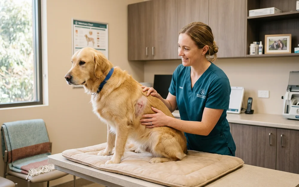 Veterinary nurse checking a recovering dog at a follow-up appointment