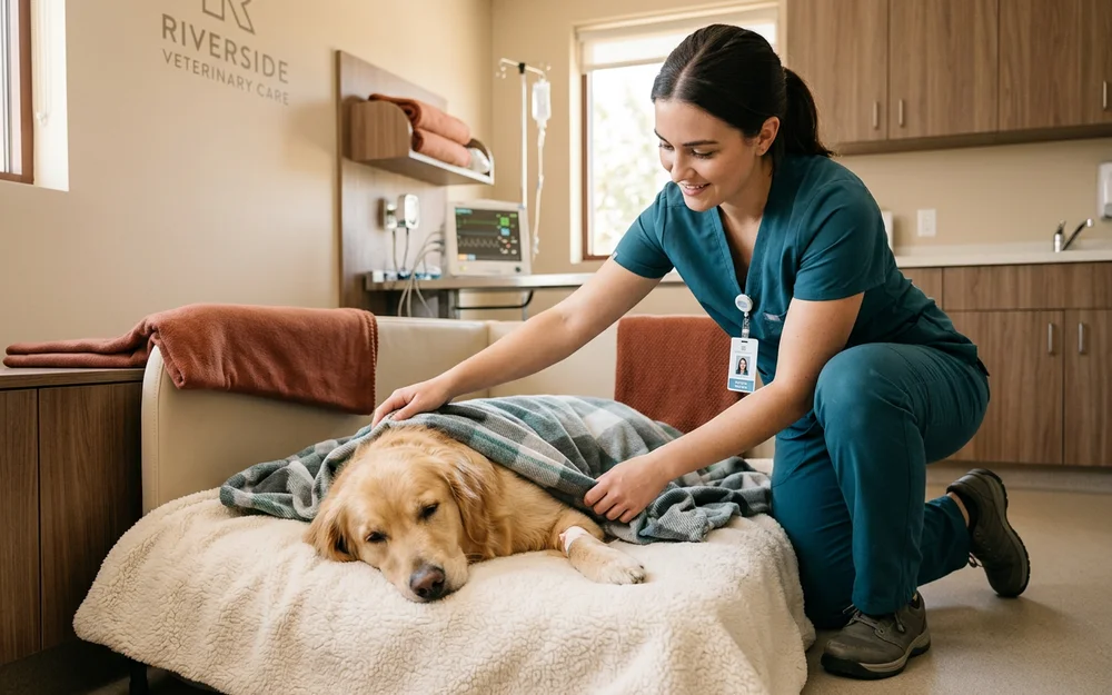Veterinary nurse settling a recovering retriever in a quiet clinic recovery ward