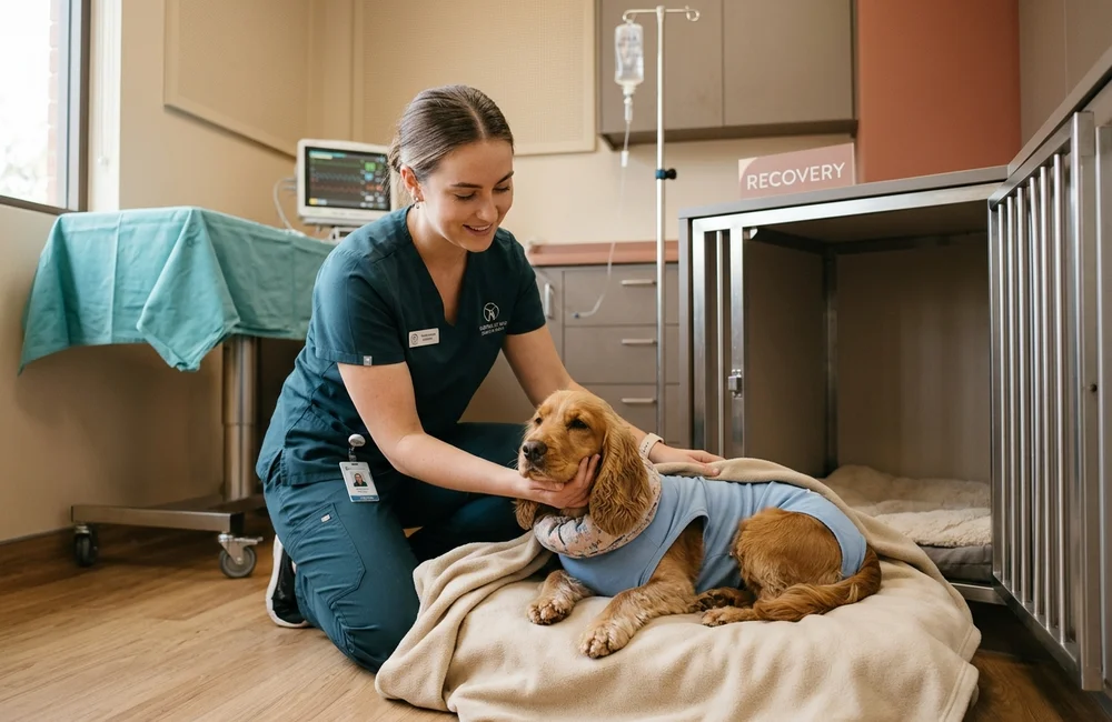 Veterinary nurse settling a recovering spaniel onto a blanket in a quiet recovery ward
