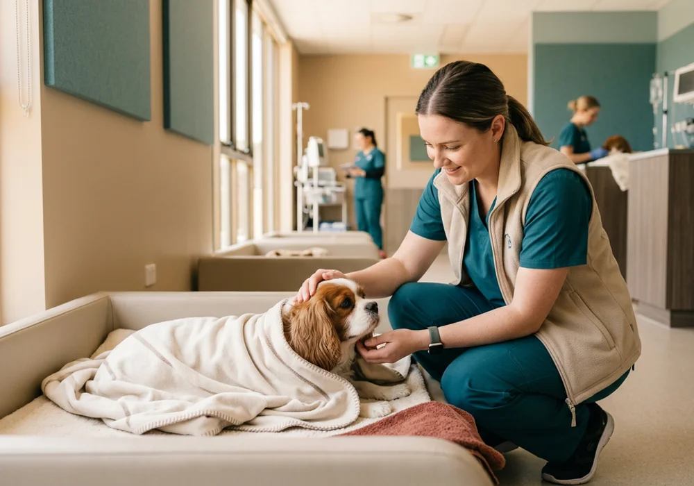 Veterinary nurse comforting a recovering spaniel wrapped in a soft blanket in a warm recovery ward