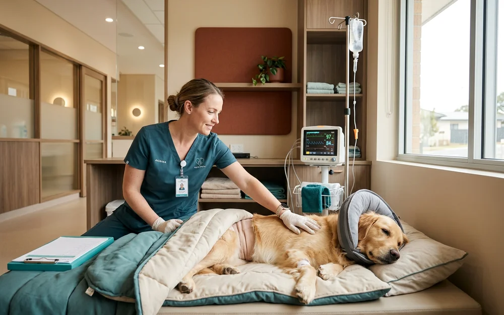 Veterinary nurse monitoring a recovering dog in a quiet clinic recovery ward