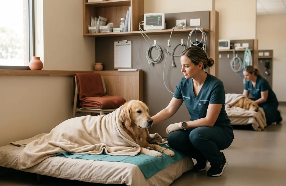 Veterinary nurse monitoring a recovering female dog wrapped in a warming blanket