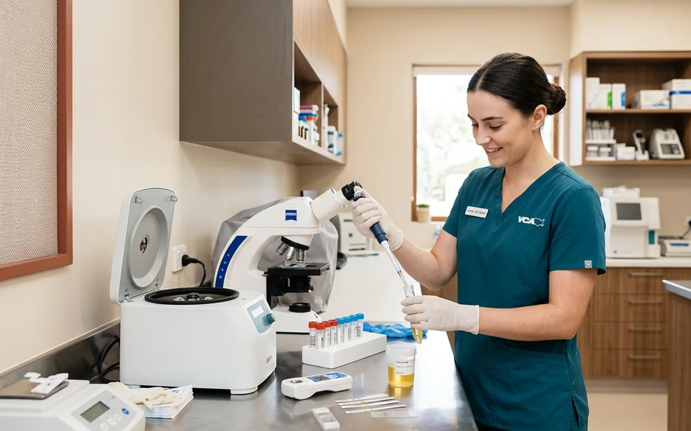 Veterinary nurse preparing a urine sample for urinalysis on a laboratory bench
