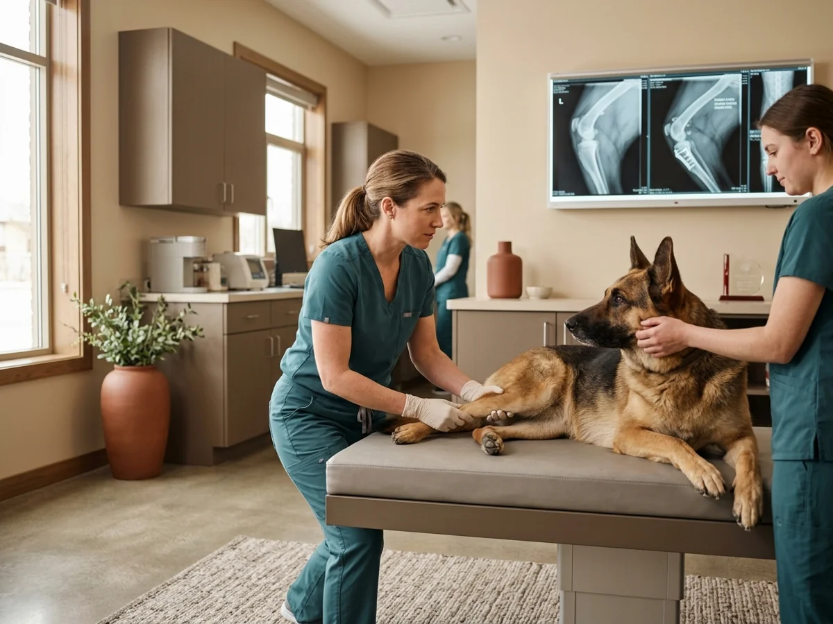 Veterinary orthopedic surgeon examining the injured limb of a calm shepherd with radiographs displayed nearby