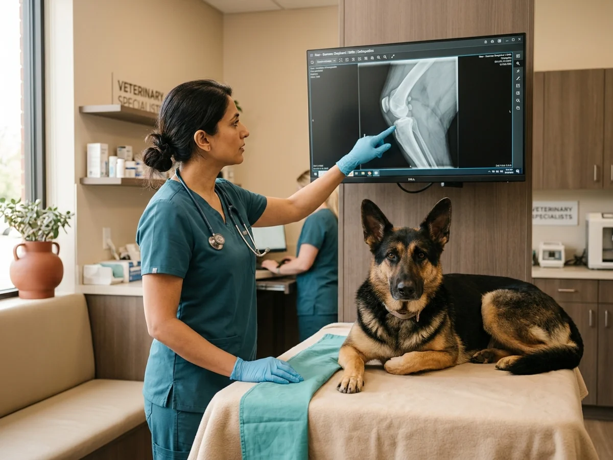 Veterinary orthopedic surgeon in Wilmington DE reviewing a canine limb radiograph beside a calm resting shepherd during fracture repair planning