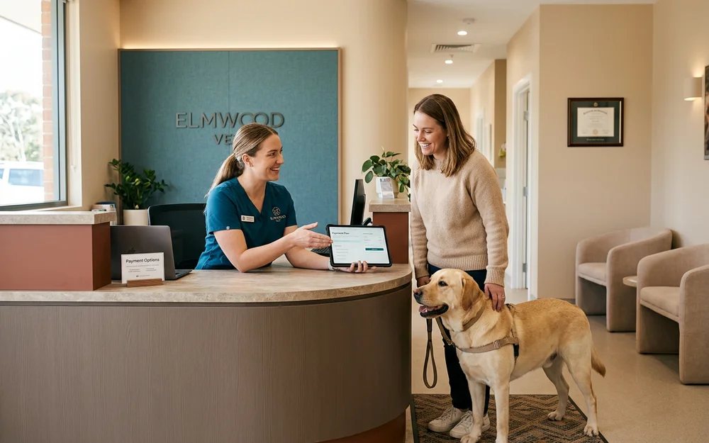 Practice team member explaining payment and financing options to a dog owner