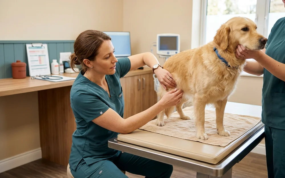 Veterinary surgeon examining and palpating a dog's abdomen during an urgent consultation