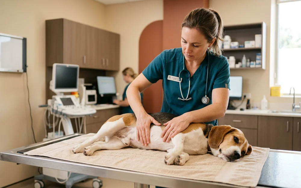 Veterinary surgeon examining the abdomen of an unwell beagle during an urgent consultation