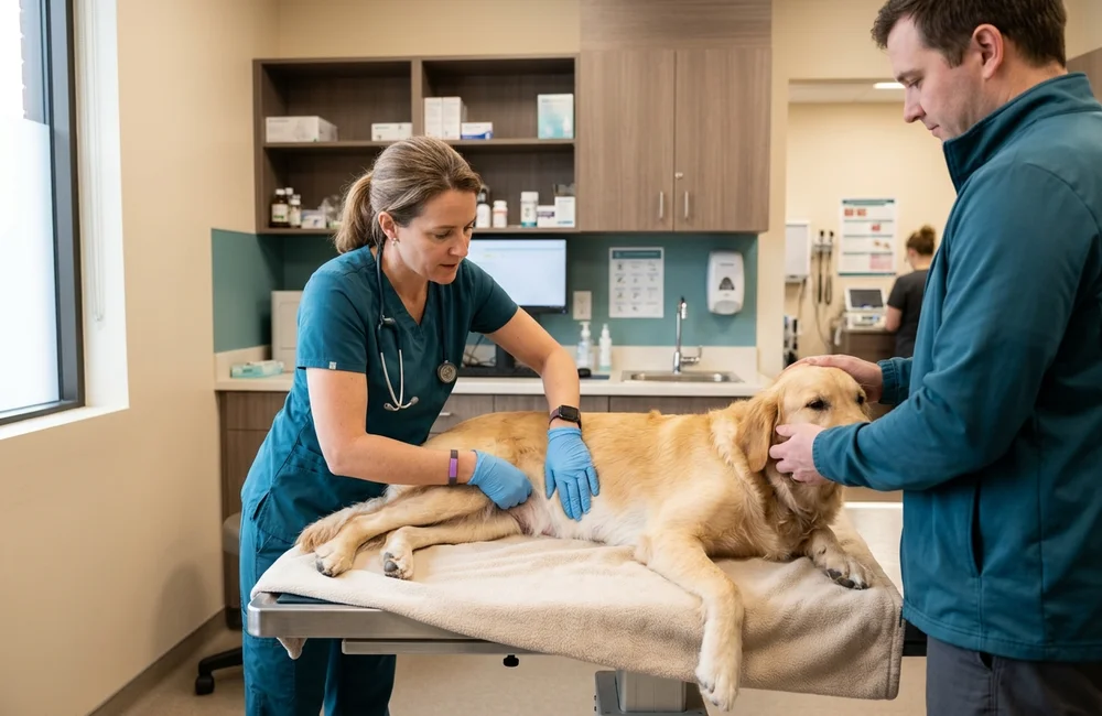 Veterinary surgeon palpating the abdomen of an unwell retriever during an urgent examination