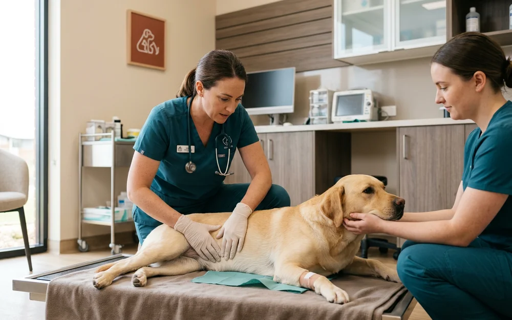 Veterinary surgeon palpating the abdomen of an unwell dog during an urgent examination