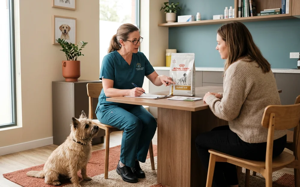 Veterinary surgeon discussing a prescription urinary diet plan with a dog owner