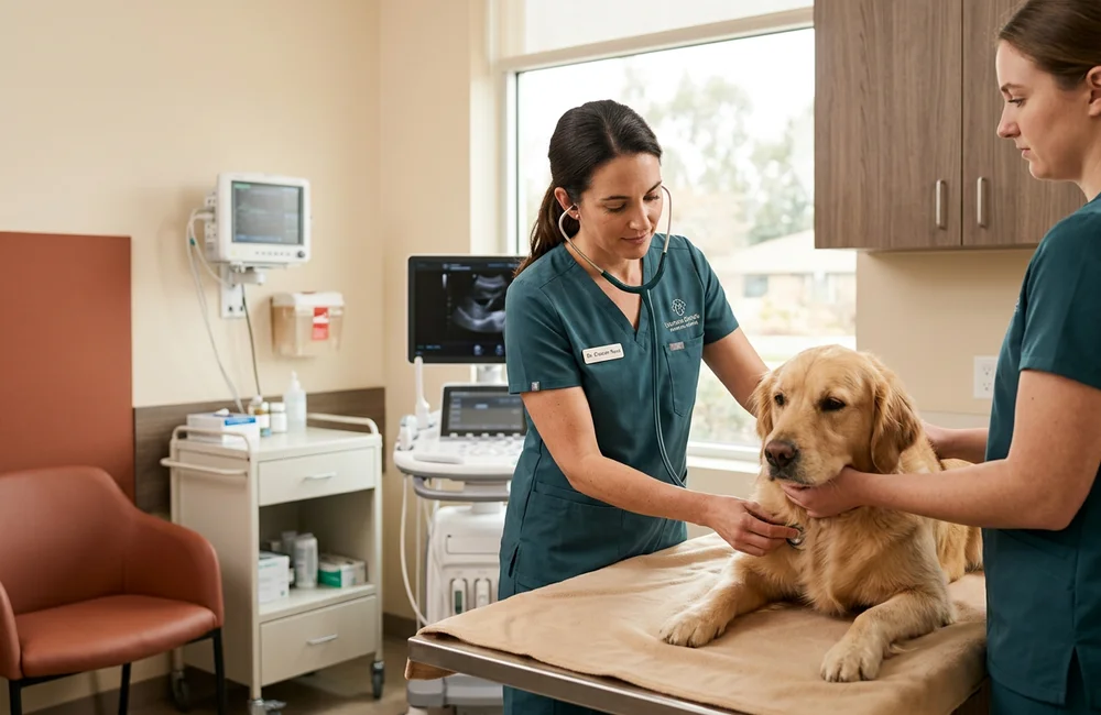 Veterinary surgeon examining an unwell female dog during an urgent consultation