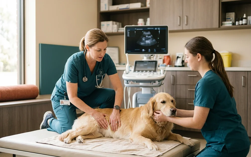 Veterinary surgeon examining an unwell female dog during an urgent consultation