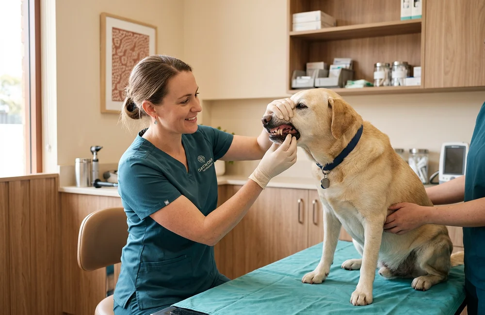Veterinary surgeon examining the teeth and gums of a calm older labrador during a dental consultation