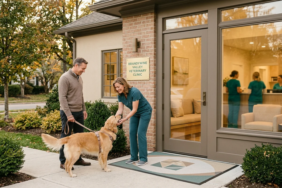 Veterinary surgeon greeting a dog owner and their retriever outside a clinic entrance in a leafy Brandywine Valley street