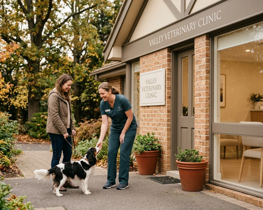 Veterinary surgeon greeting a dog owner and their spaniel outside a clinic entrance in a leafy Brandywine Valley suburb