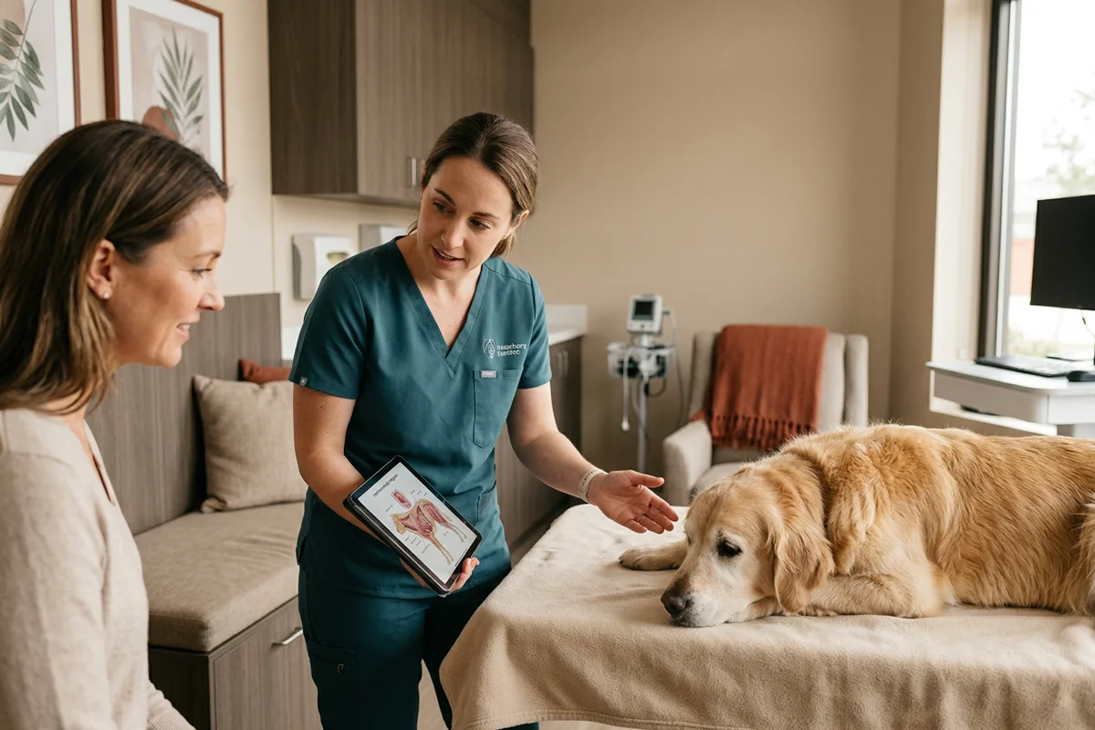 Veterinary surgeon explaining a procedure to a dog owner with a calm retriever resting beside them