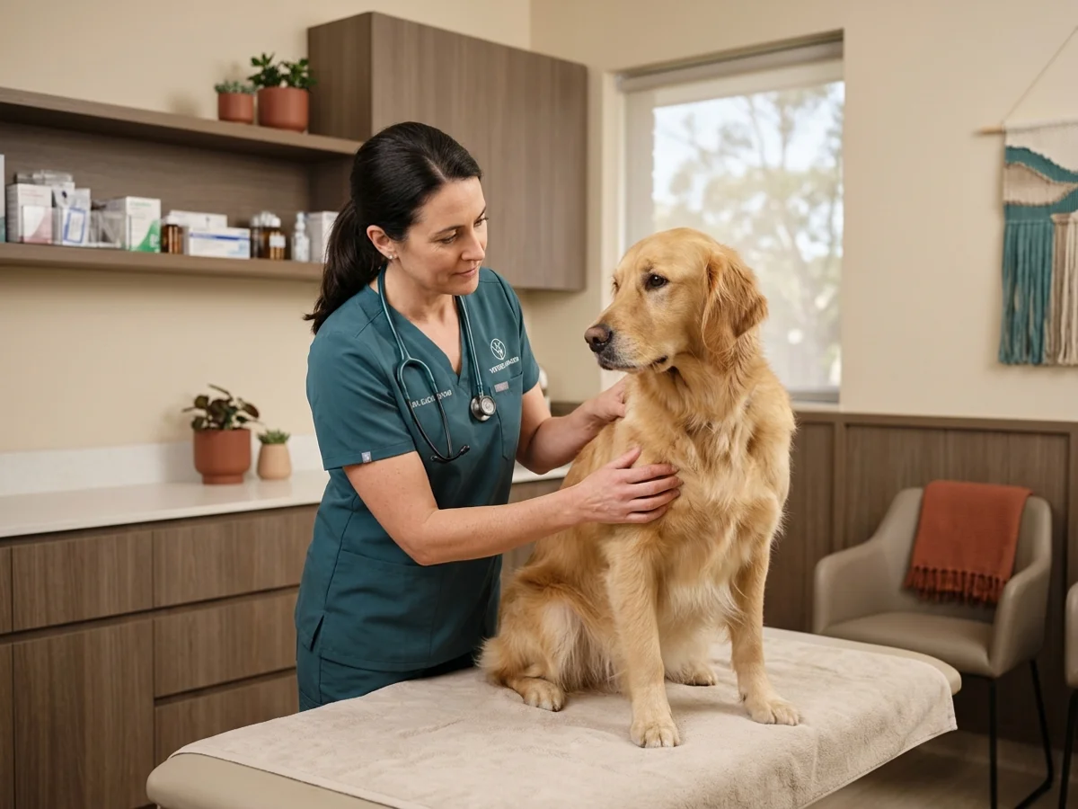 Veterinary surgeon examining a lump on the shoulder of a calm golden retriever in a modern clinic consult room