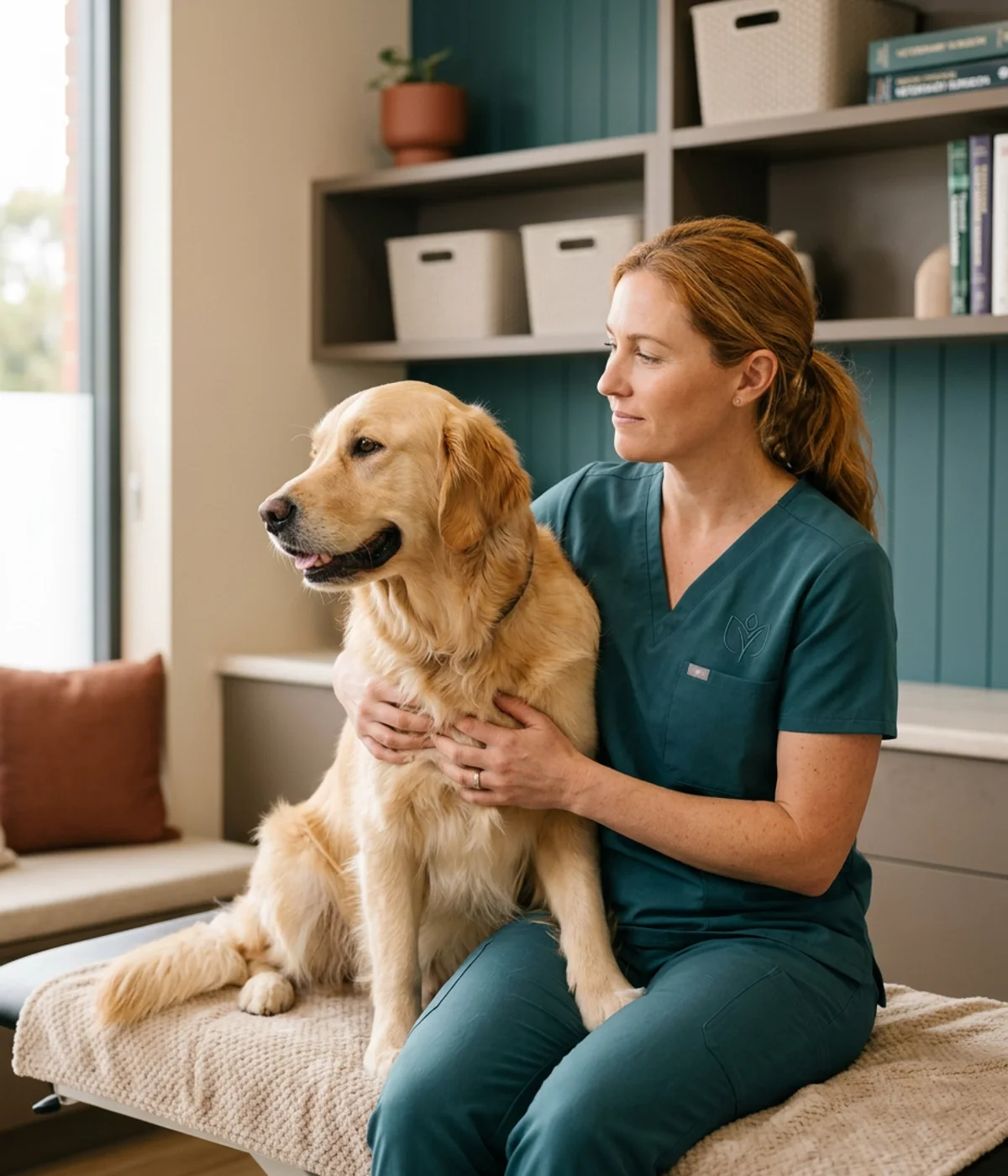 Veterinary surgeon in scrubs gently holding a calm golden retriever in a warm modern clinic consult room