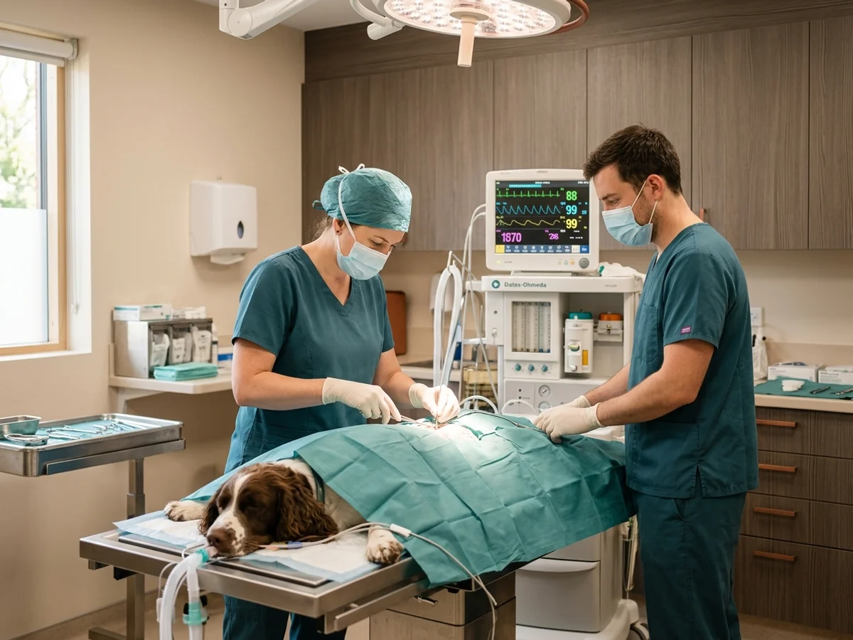 Veterinary surgeon performing careful abdominal surgery on a monitored sleeping spaniel