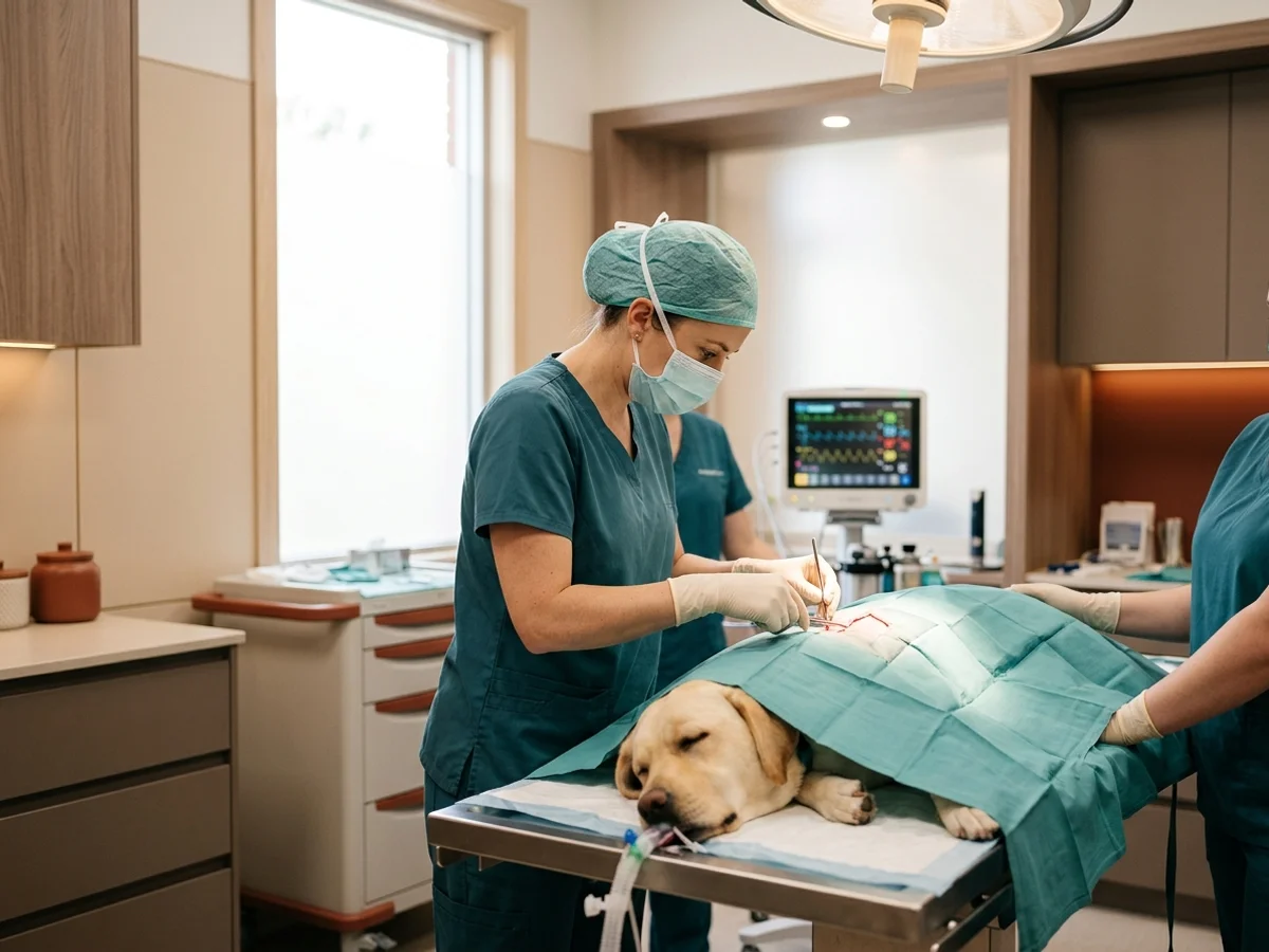 Veterinary surgeon in Wilmington DE performing canine soft tissue surgery on a monitored sleeping labrador in a modern operating suite