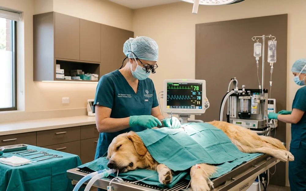 Veterinary surgeon working in a modern operating suite beside a monitored sleeping dog