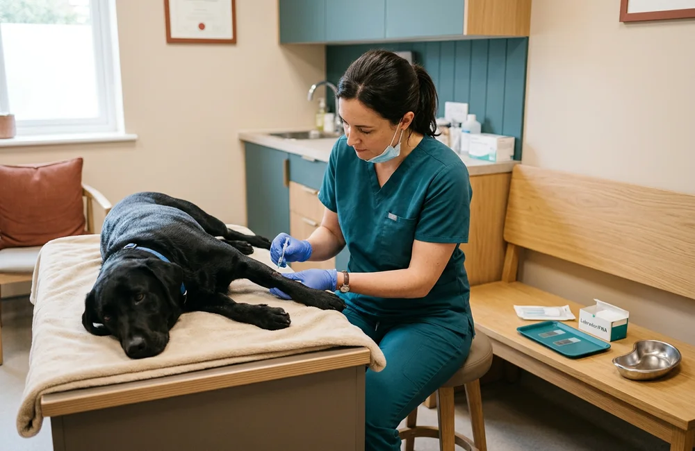 Veterinary surgeon performing a fine-needle aspirate on a calm labrador