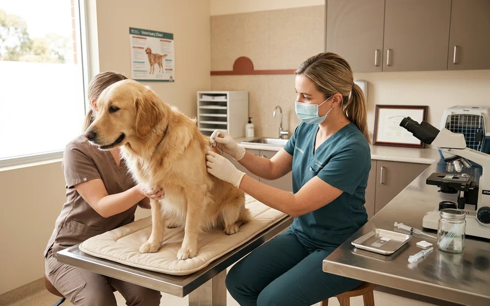 Veterinary surgeon performing a fine-needle aspirate on a calm dog with a slide prepared