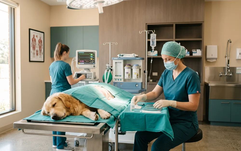 Veterinary surgeon preparing a routine soft tissue excision on a monitored sleeping dog