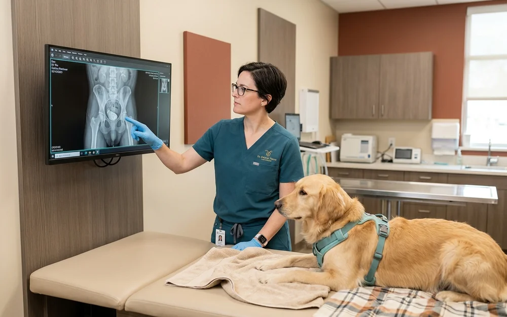 Veterinary surgeon reviewing a urinary tract radiograph during a diagnostic consultation