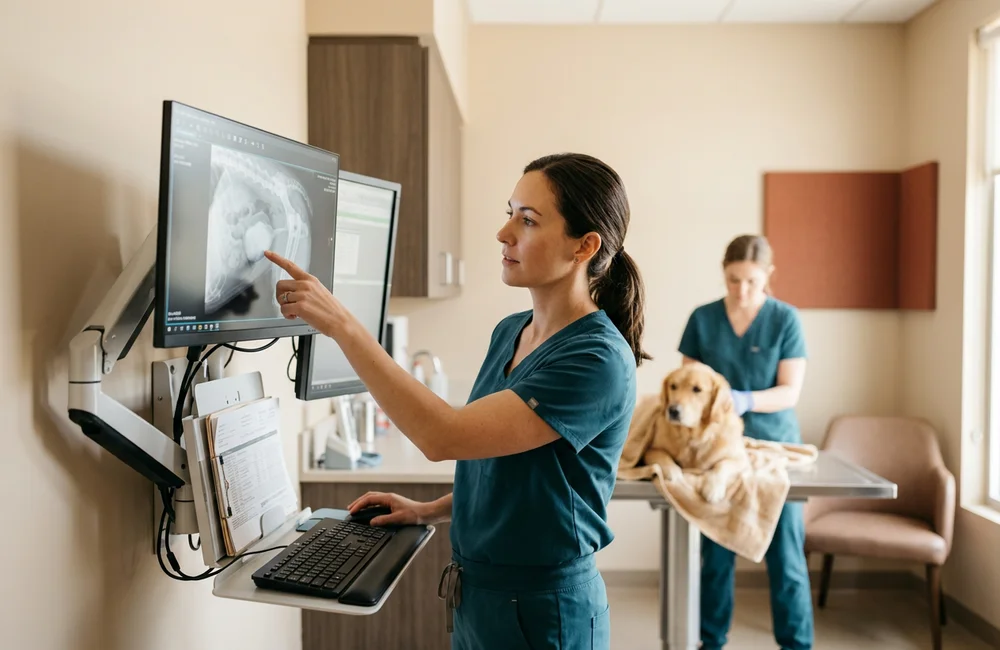 Veterinary surgeon reviewing a urinary tract radiograph on a clinic monitor