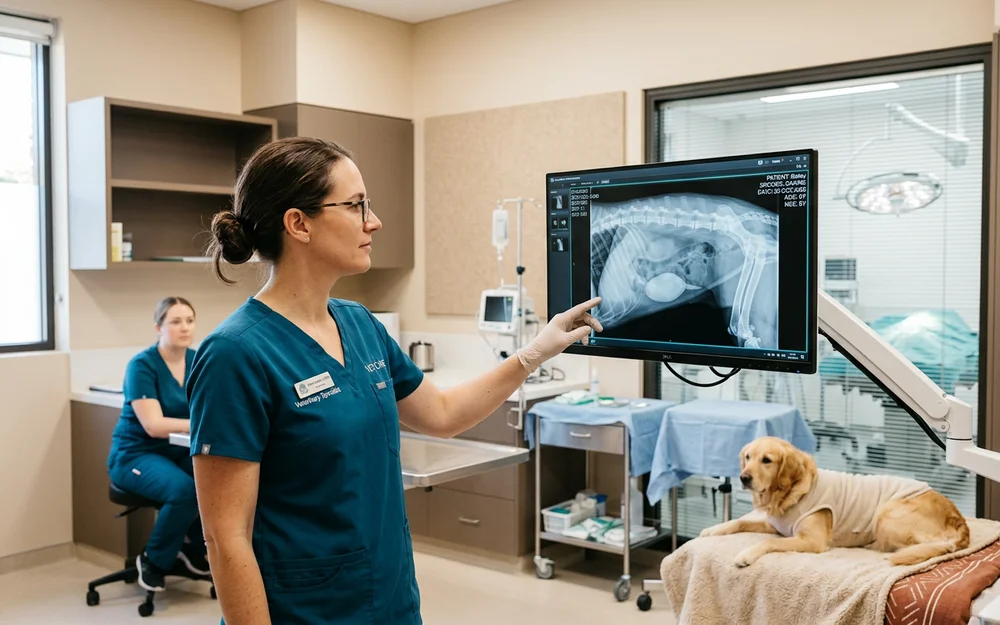 Veterinary surgeon reviewing a urinary tract radiograph before surgery