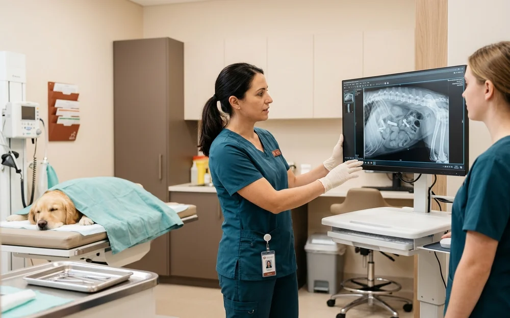 Veterinary surgeon reviewing abdominal radiographs showing dense bone fragments on a clinic monitor