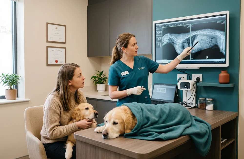 Veterinary surgeon reviewing abdominal radiographs on a clinic monitor while a dog owner listens