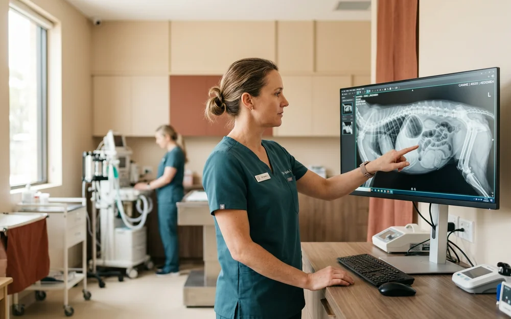 Veterinary surgeon reviewing abdominal radiographs showing a gas distension pattern