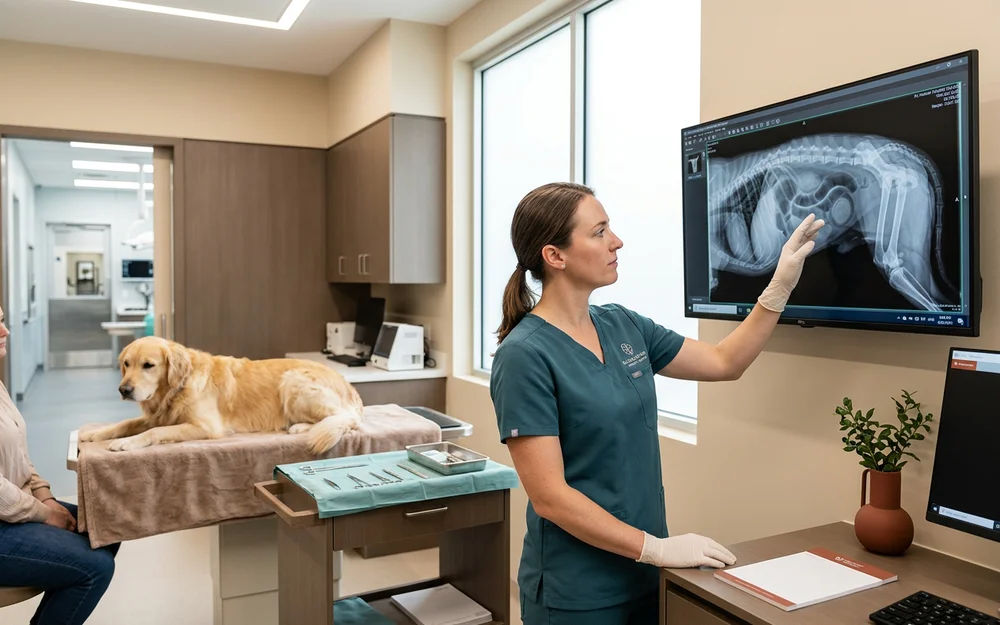 Veterinary surgeon reviewing an abdominal radiograph on a clinic monitor looking for an obstruction pattern