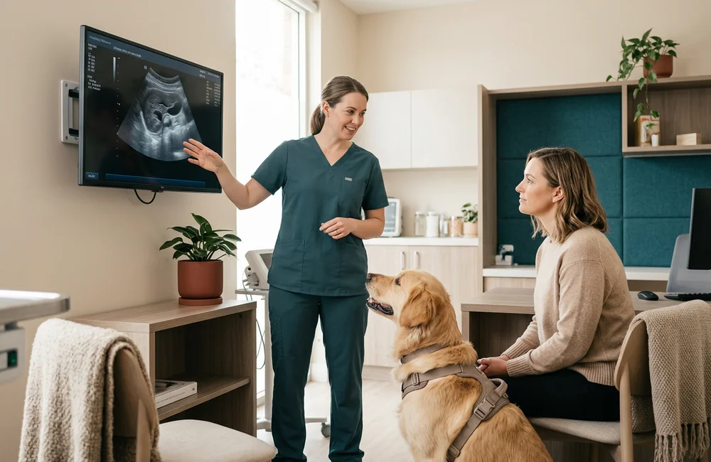 Veterinary surgeon reviewing an abdominal ultrasound image with a dog owner